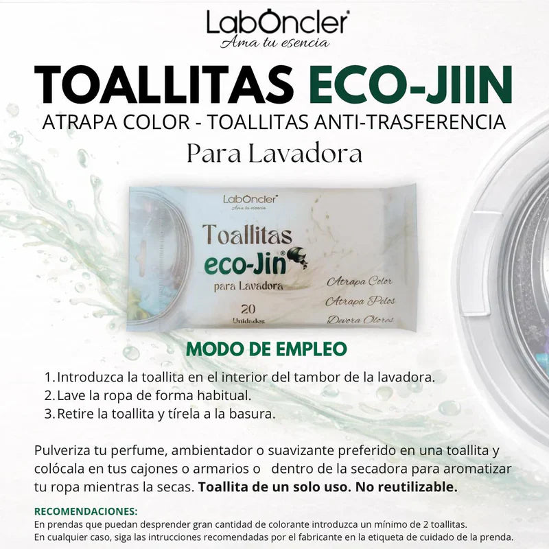 NOVEDAD!!! Toallitas Eco-Jin — Atrapa Color para Lavadora 20 Unidades · Fibras 100% Naturales