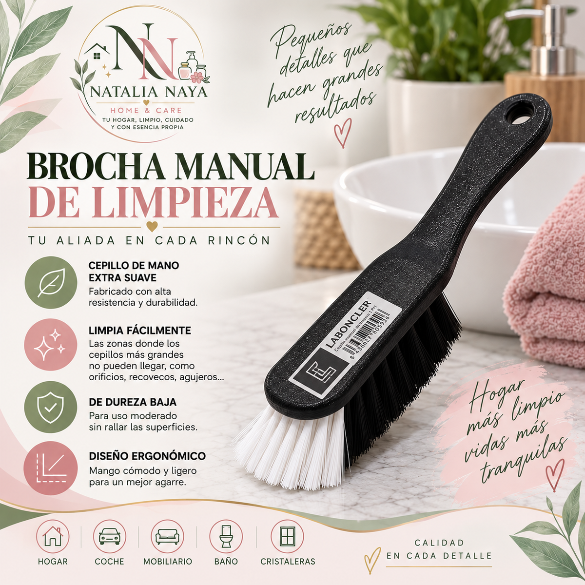 Brocha Manual de Limpieza Laboncler Cepillo Multiusos Suave y Resistente