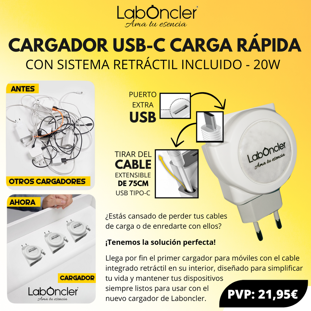 CARGADOR CARGA RÁPIDA 20W CON CABLE RETRÁCTIL (USB-C / LIGHTNING)
