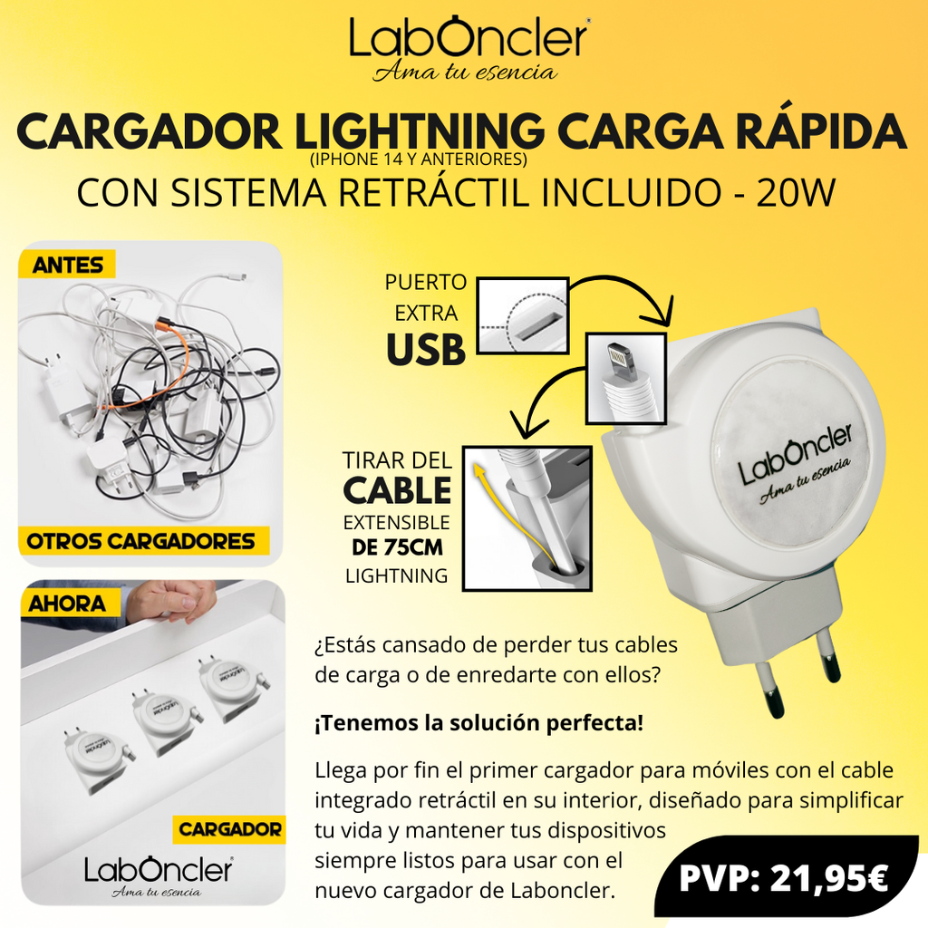 CARGADOR CARGA RÁPIDA 20W CON CABLE RETRÁCTIL (USB-C / LIGHTNING)