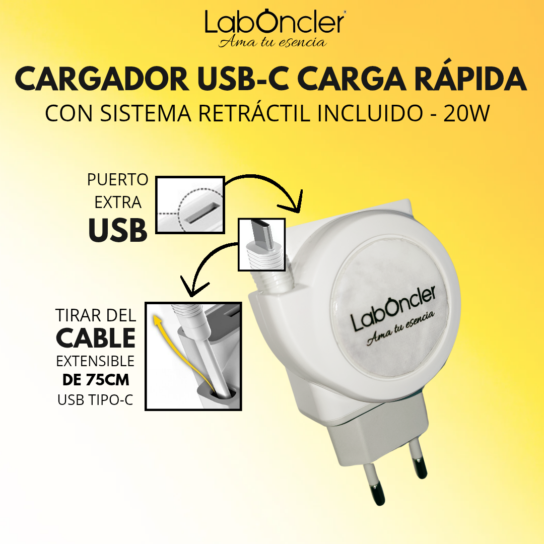 CARGADOR CARGA RÁPIDA 20W CON CABLE RETRÁCTIL (USB-C / LIGHTNING)