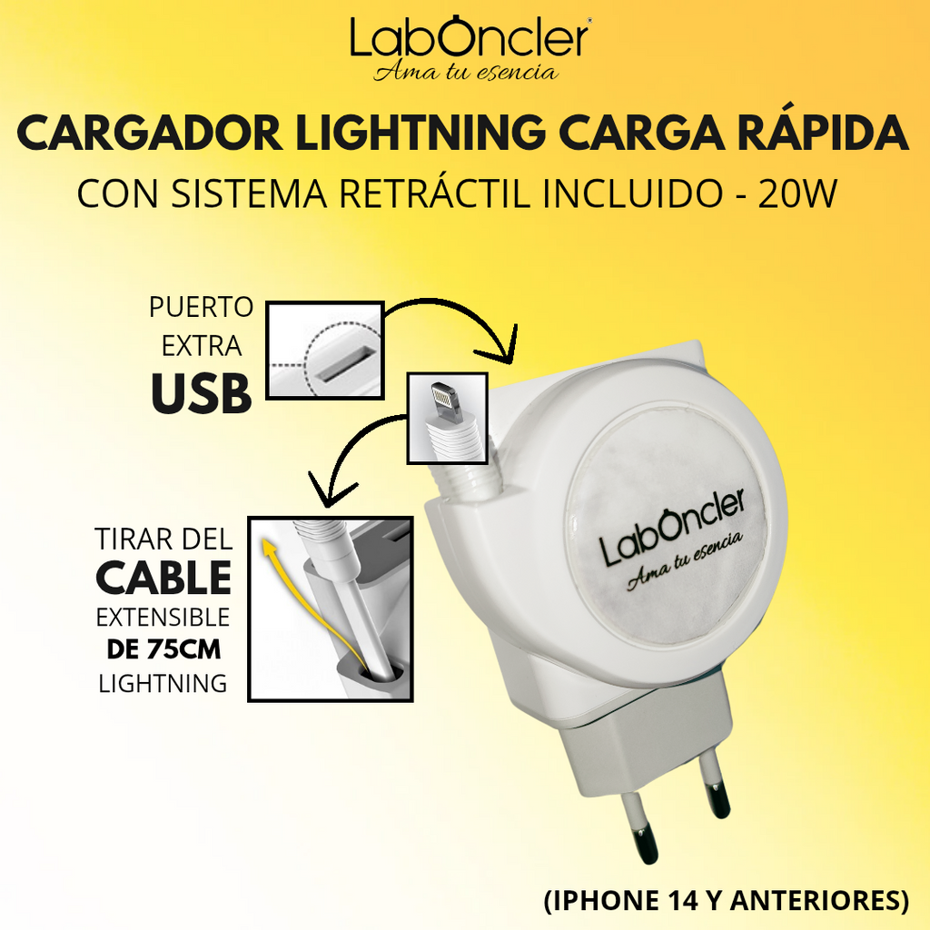 CARGADOR CARGA RÁPIDA 20W CON CABLE RETRÁCTIL (USB-C / LIGHTNING)