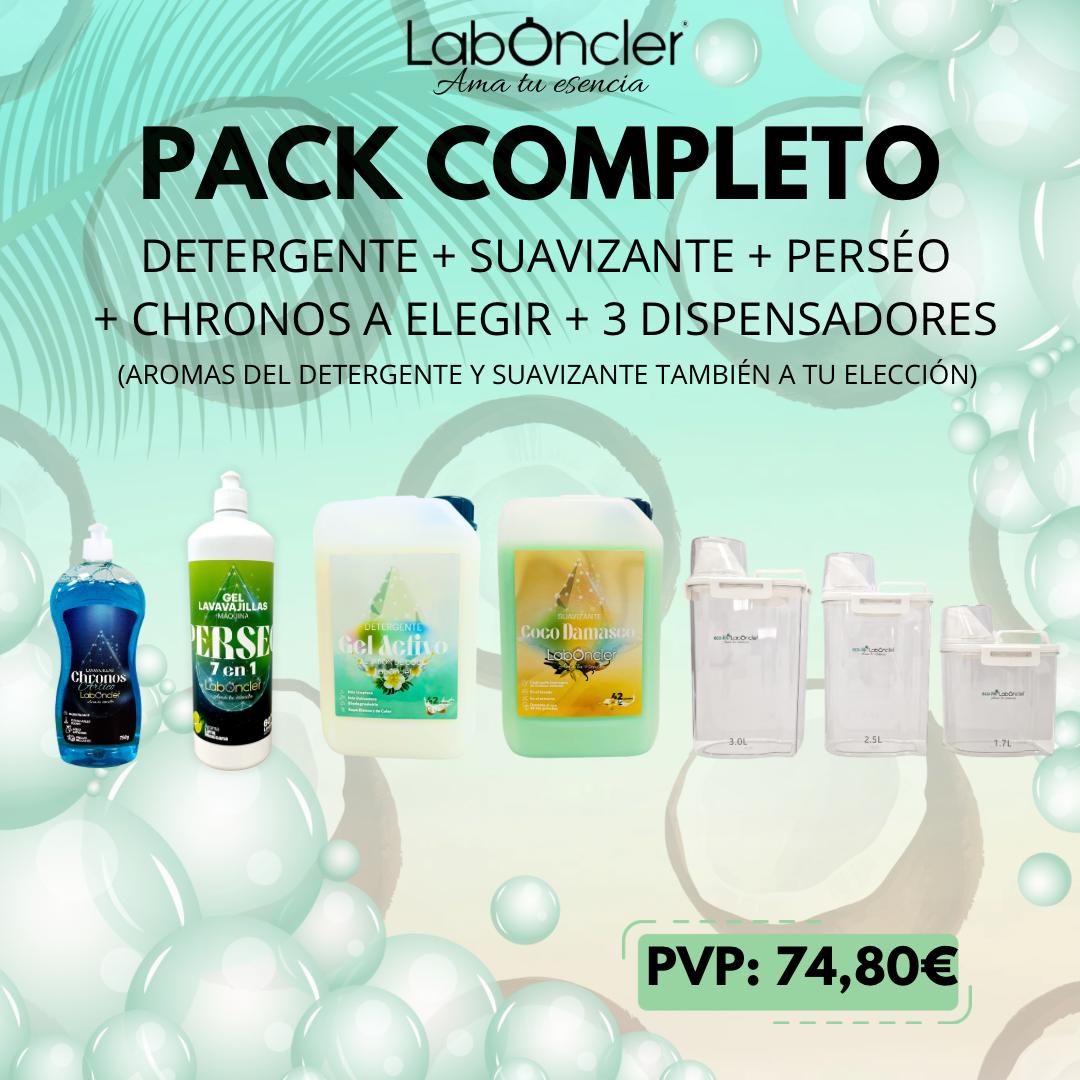 PACK COMPLETO LIMPIEZA LABONCLER DETERGENTE + SUAVIZANTE + PERSEO + CHRONOS + DISPENSADORES