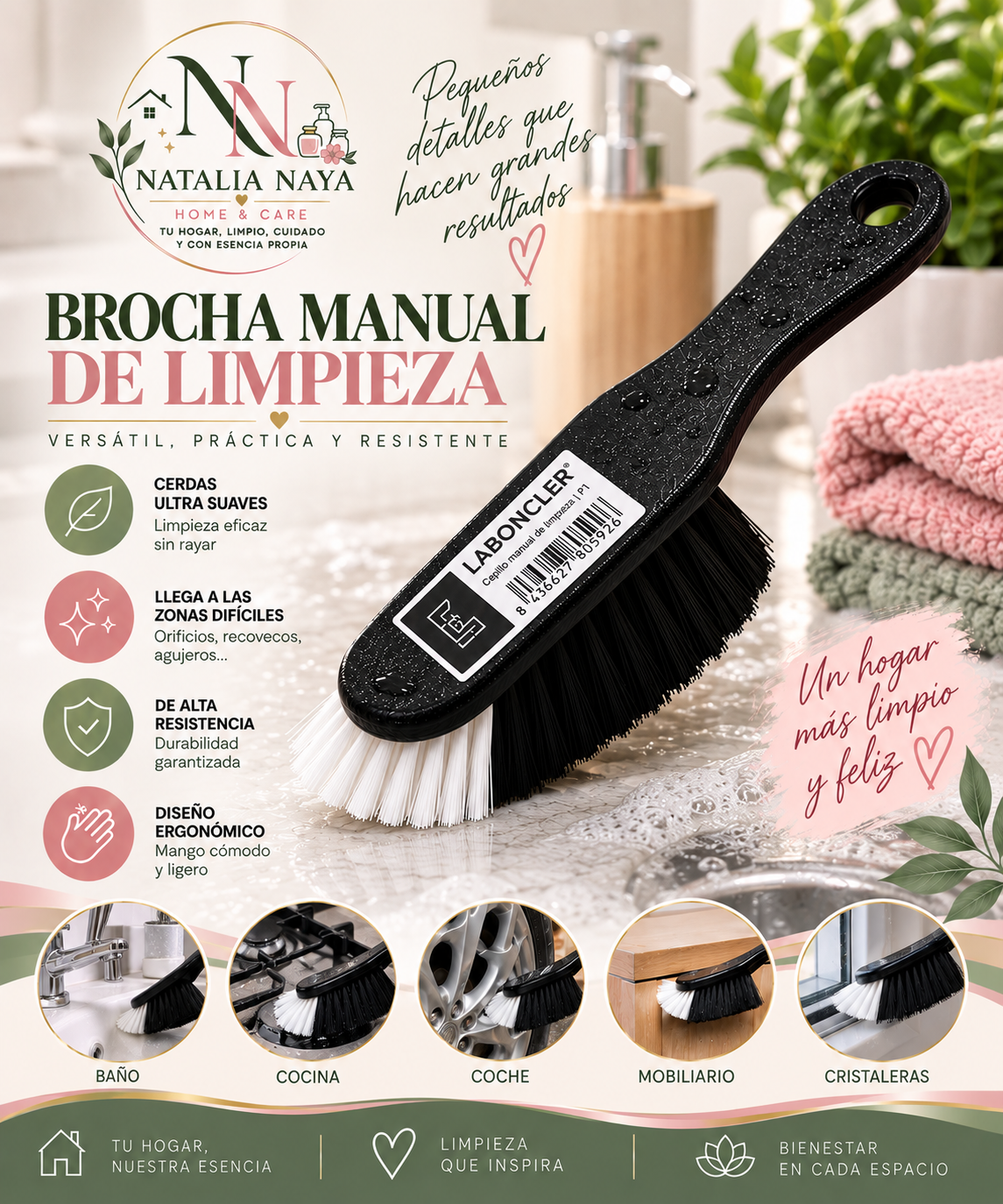 Brocha Manual de Limpieza Laboncler Cepillo Multiusos Suave y Resistente